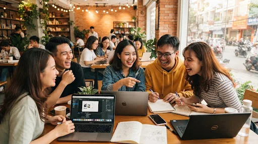 Nhóm bạn trẻ cộng tác viên Gia sư Bách Khoa TNK trao đổi làm việc vui vẻ tại quán cafe